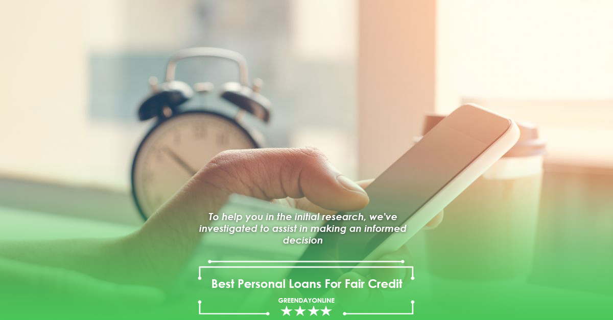 A person holding a smartphone looking for best personal loans for fair credit online, with a clock in the background