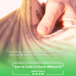 A person cashing a check without ID, holding a stack of cash against a green background