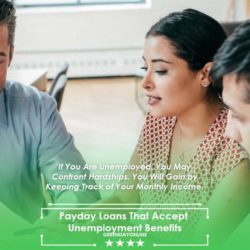 Two men and a women talking about payday loans that accept unemployment benefits, holding a pen and a paper