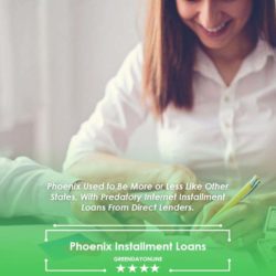 A woman sitting at a desk with a pile of money obtained from a Phoenix installment loan