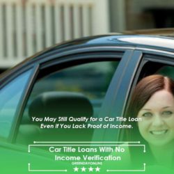 A woman holding a key inside a new black car adorned with a red ribbon, signifying a car title loan without income verification