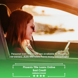 Woman inside her car wearing her sunglass while using her mobile phone to check more about Phoenix title loans online