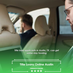 Man wearing black formal suit inside the car in front of the laptop searching for title loans online in Austin