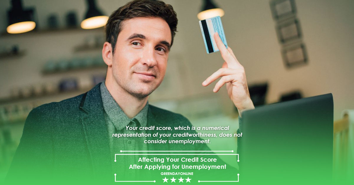 A man holding up a credit card in front of a laptop reading how credit score is affected after applying to unemployment