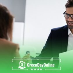 A man and a woman sitting at a table talking about the best places to get a payday loan