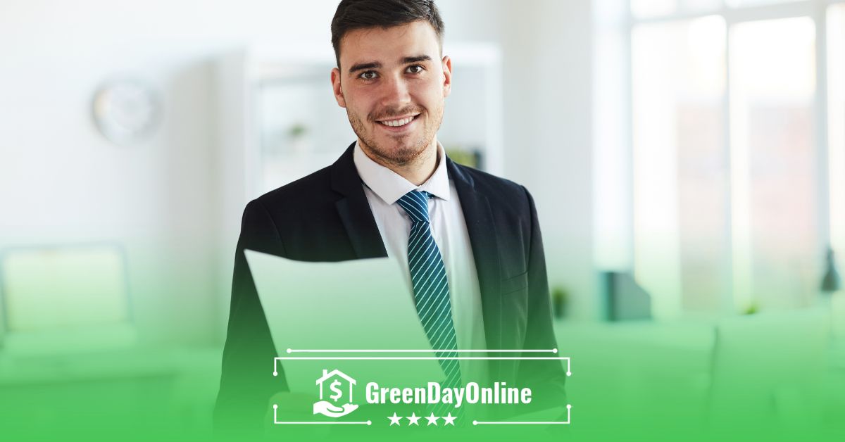 A man in a suit and tie holding a piece of paper ready to sign the easiest payday loan contract