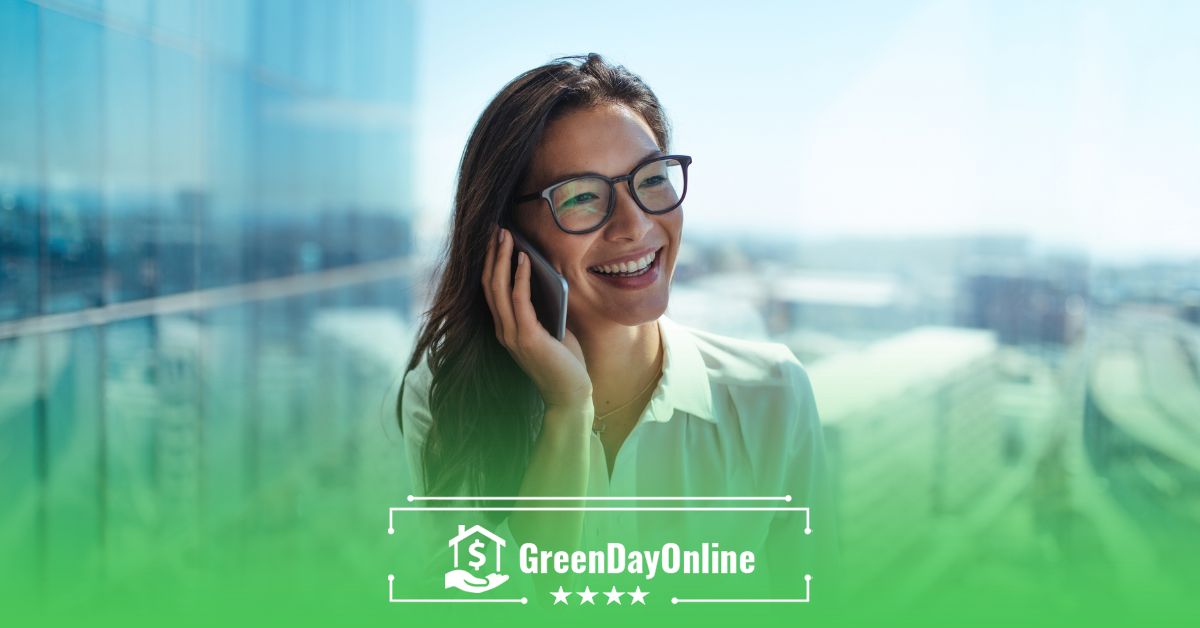 A woman wearing glasses talking on a cell phone to request for a payday loan without a bank account